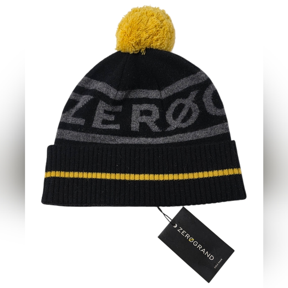 Zero Grand By Cole Haan Black and Gray Beanie Winter Toque with Yellow Pom